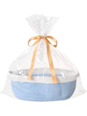 Organizer Small Woven Gift Easter Basket Empty with Bag & Ribbon 12"x8"x5" Blue
